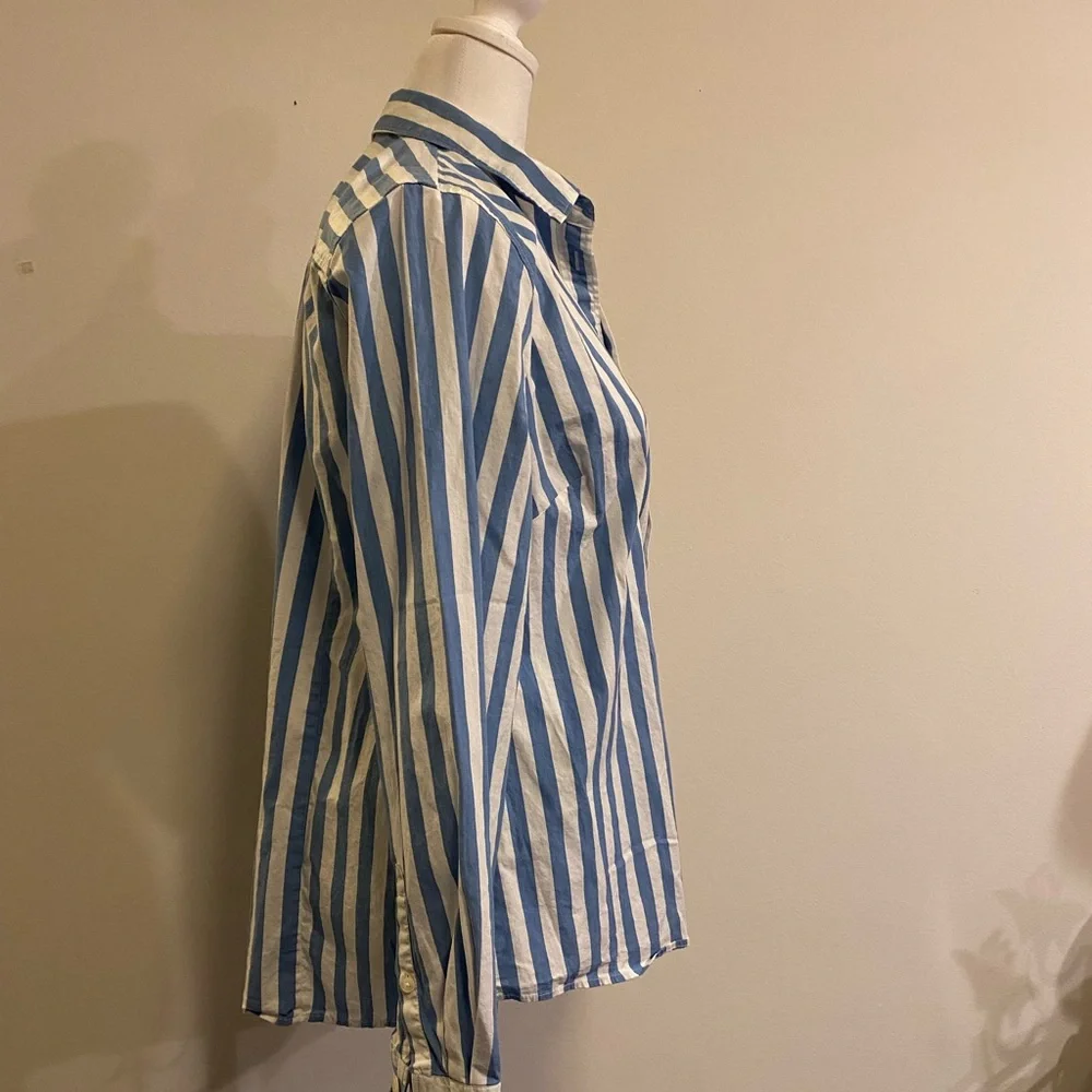 J Crew White with Blue Striped Women's Button Down Cotton Shirt size Large